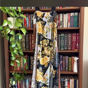 Anthropologie Floral Patchwork Maxi Dress in Black and Yellow